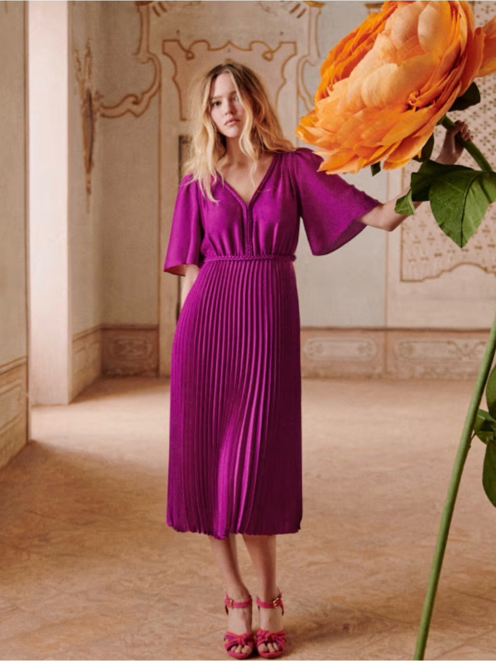 Sézane Florencia Dress Fuchsia Pleated Midi Dress FR 38 US 6